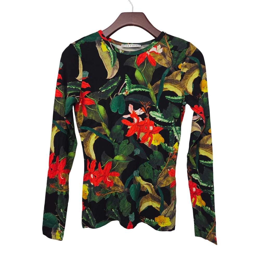 Alice + Olivia Delaina Top Tropical Floral Long Sleeve Women XS Black Multi